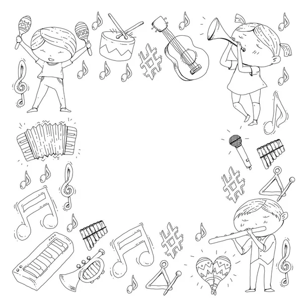 Vektör okul müzik müzikalleri Anaokulu Çocuk müzik aletleri davul, flüt, akordeon, trompet, piyano müzik perfomansı ve okul çağındaki çocuklar çocuk Orkestrası ile