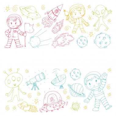 Ay yüzeyi. Anaokulu Çocuk uzay araştırmaları oyun. Uzaylı, ufo, uzay gemisi. roket. Çocuklar, ay, mars, Satürn, Jüpiter ile kız ve erkek