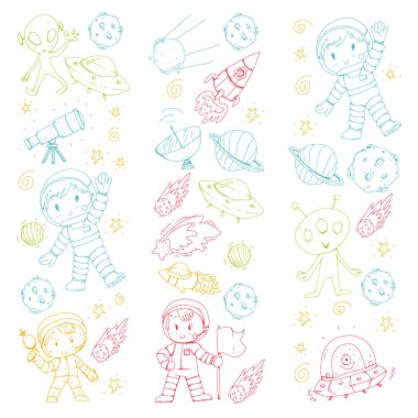 Ay yüzeyi. Anaokulu Çocuk uzay araştırmaları oyun. Uzaylı, ufo, uzay gemisi. roket. Çocuklar, ay, mars, Satürn, Jüpiter ile kız ve erkek