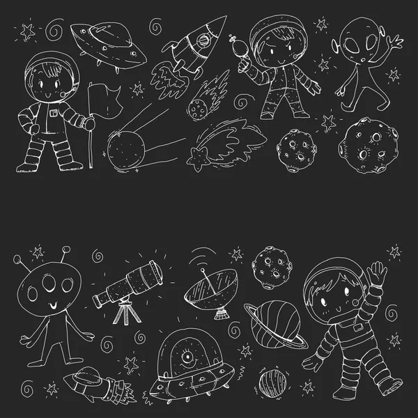 Superficie lunare. I bambini della scuola materna giocano esplorazione dello spazio. Alieno, ufo, astronave. Un razzo. Bambini, ragazzi e ragazze con luna, marte, saturno, giove — Vettoriale Stock