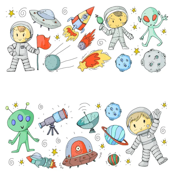 Superficie lunar. Niños del jardín de infantes juegan a la exploración del espacio. Alien, OVNI, nave espacial. cohete. Niños, niños y niñas con luna, marte, saturno, jupiter — Archivo Imágenes Vectoriales