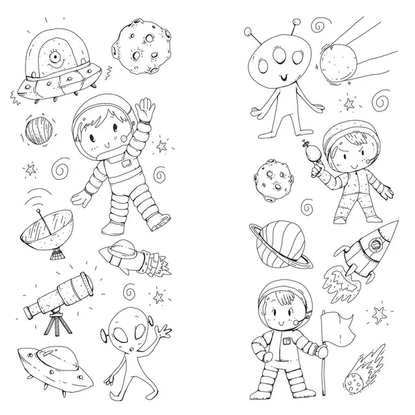 Surface lunaire. Les enfants de la maternelle jouent à l'exploration de l'espace. Alien, ufo, vaisseau spatial. fusée. Enfants, garçons et filles avec lune, mars, saturn, jupiter — Image vectorielle