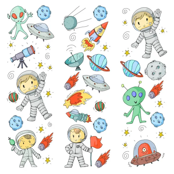 Поверхность Луны Дети в детском саду играют в освоение космоса. Пришелец, НЛО, космический корабль. ракета. Дети, мальчики и девочки с луной, марс, сатурн, юпитер — стоковый вектор