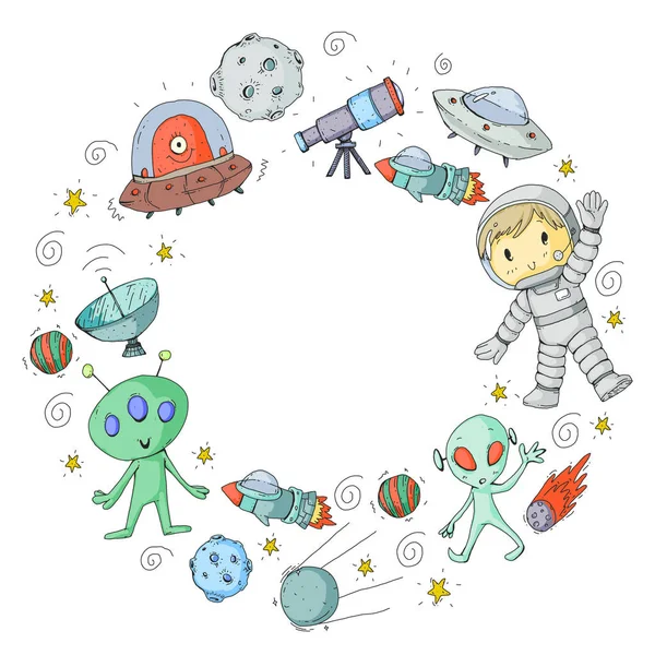 Mondoberfläche. Kindergartenkinder spielen Weltraumforschung. Alien, Ufo, Raumschiff. Rakete. Kinder, Jungen und Mädchen mit Mond, Mars, Satin, Jupiter — Stockvektor