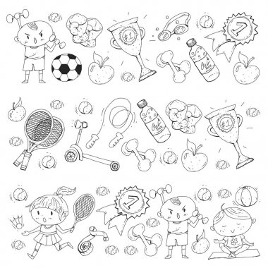 Children sport. Kids drawing. Kindergarten, school, college, preschool. Soccer, football, tennis, running, boxing, rugby, yoga, swimming vector