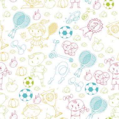 Çocuk spor. Çizim çocuklar. Anaokulu, okul, üniversite, okul öncesi. Futbol, futbol, tenis, koşu, boks, rugby, yoga, Yüzme