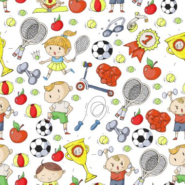 Çocuk spor. Çizim çocuklar. Anaokulu, okul, üniversite, okul öncesi. Futbol, futbol, tenis, koşu, boks, rugby, yoga, Yüzme