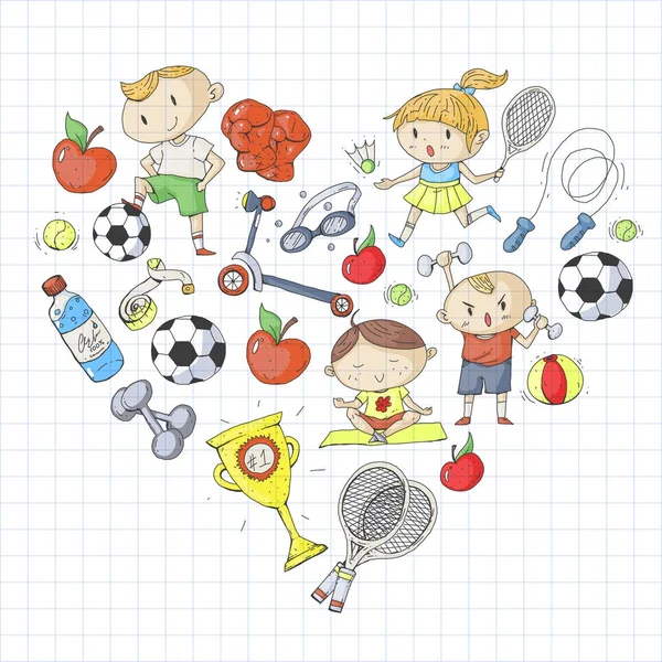 어린이 스포츠. 아이 그림입니다. 유치원, 학교, 대학, 유치원입니다. 축구, 축구, 테니스, 달리기, 복싱, 럭비, 요가, 수영 — 스톡 벡터