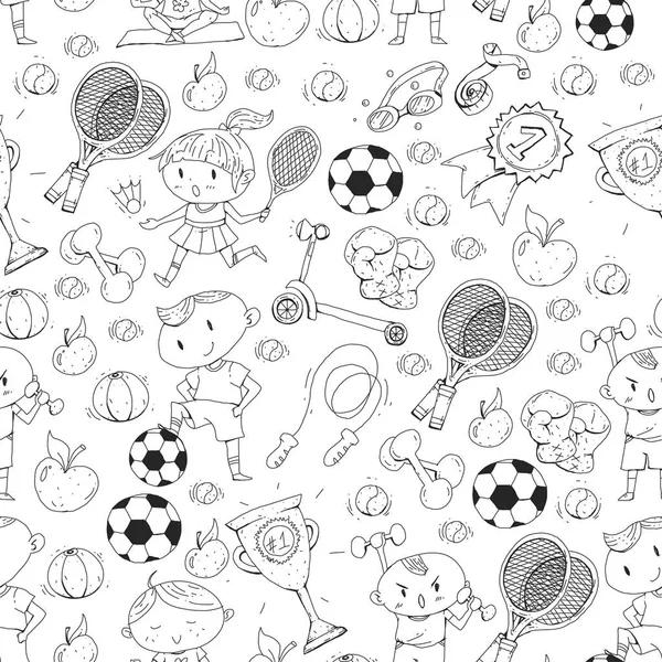 Sport d'enfants. Des enfants dessinent. Jardin d'enfants, école, collège, école maternelle. Football, football, tennis, course à pied, boxe, rugby, yoga, natation — Image vectorielle