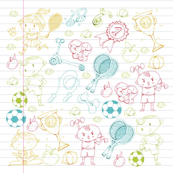 Children sport. Kids drawing. Kindergarten, school, college, preschool. Soccer, football, tennis, running, boxing, rugby, yoga, swimming — Stock Vector