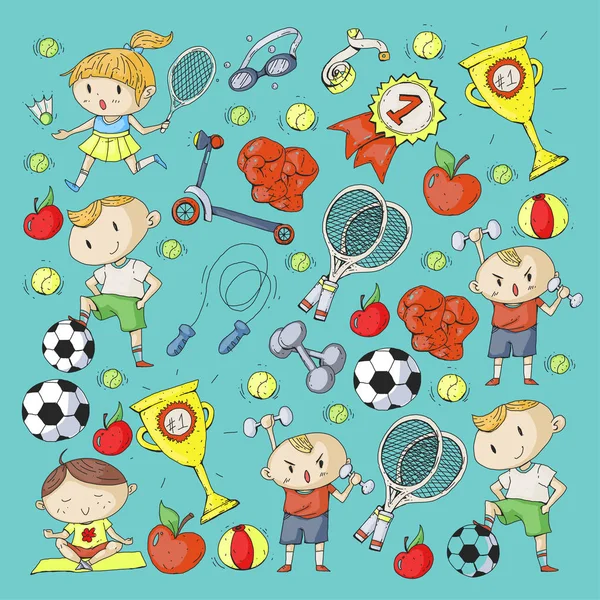 Τα παιδιά τον αθλητισμό. Παιδιά σχέδιο. Νηπιαγωγείο, σχολείο, κολέγιο, Προσχολική ηλικία. Ποδόσφαιρο, ποδόσφαιρο, τένις, τρέξιμο, πυγμαχία, ράγκμπι, γιόγκα, κολύμπι — Διανυσματικό Αρχείο