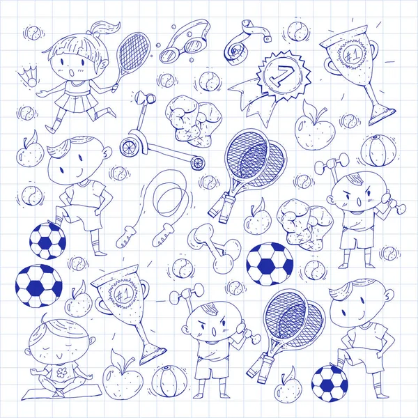 Sport d'enfants. Des enfants dessinent. Jardin d'enfants, école, collège, école maternelle. Football, football, tennis, course à pied, boxe, rugby, yoga, natation — Image vectorielle