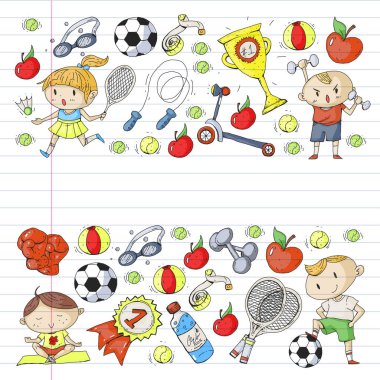 Çocuk spor. Çizim çocuklar. Anaokulu, okul, üniversite, okul öncesi. Futbol, futbol, tenis, koşu, boks, rugby, yoga, Yüzme