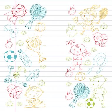 Çocuk spor. Çizim çocuklar. Anaokulu, okul, üniversite, okul öncesi. Futbol, futbol, tenis, koşu, boks, rugby, yoga, Yüzme
