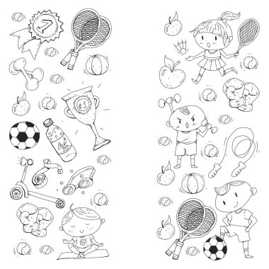 Çocuk spor. Çizim çocuklar. Anaokulu, okul, üniversite, okul öncesi. Futbol, futbol, tenis, koşu, boks, rugby, yoga, Yüzme