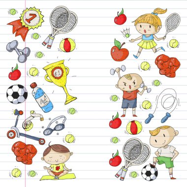 Çocuk spor. Çizim çocuklar. Anaokulu, okul, üniversite, okul öncesi. Futbol, futbol, tenis, koşu, boks, rugby, yoga, Yüzme