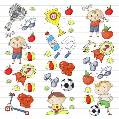 Çocuk spor. Çizim çocuklar. Anaokulu, okul, üniversite, okul öncesi. Futbol, futbol, tenis, koşu, boks, rugby, yoga, Yüzme