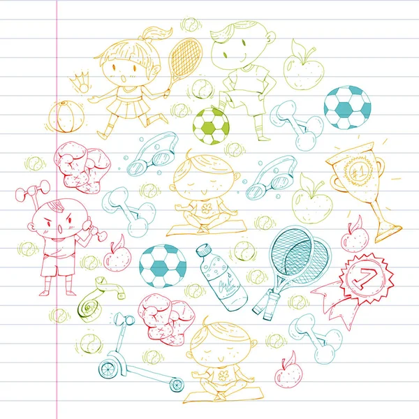 Children sport. Kids drawing. Kindergarten, school, college, preschool. Soccer, football, tennis, running, boxing, rugby, yoga, swimming — Stock Vector