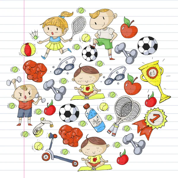 Τα παιδιά τον αθλητισμό. Παιδιά σχέδιο. Νηπιαγωγείο, σχολείο, κολέγιο, Προσχολική ηλικία. Ποδόσφαιρο, ποδόσφαιρο, τένις, τρέξιμο, πυγμαχία, ράγκμπι, γιόγκα, κολύμπι — Διανυσματικό Αρχείο