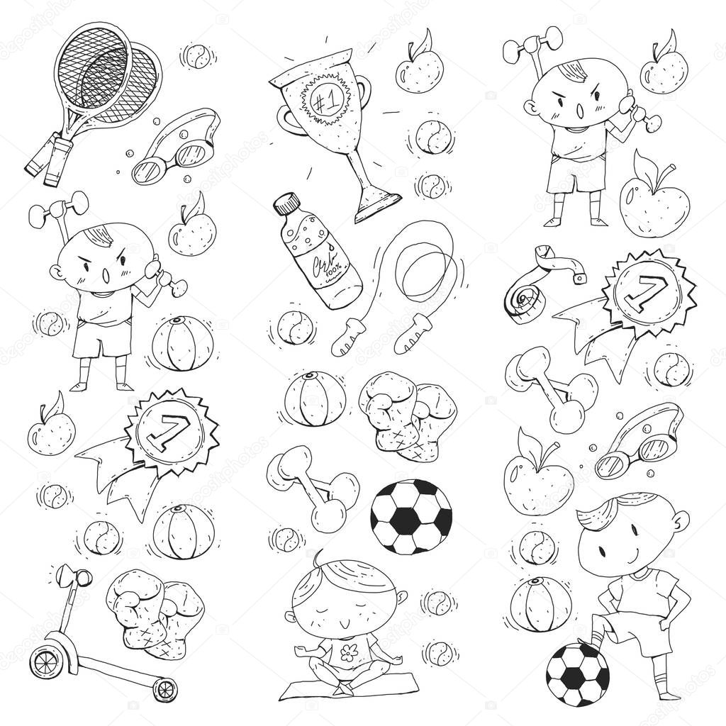 Children sport. Kids drawing. Kindergarten, school, college, preschool. Soccer, football, tennis, running, boxing, rugby, yoga, swimming