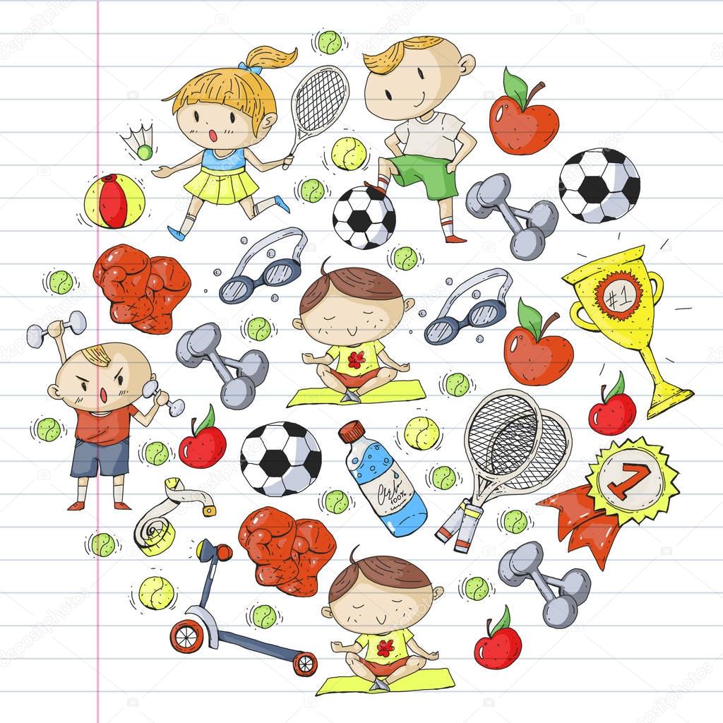 Children sport. Kids drawing. Kindergarten, school, college, preschool. Soccer, football, tennis, running, boxing, rugby, yoga, swimming