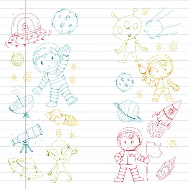 Ay yüzeyi. Anaokulu Çocuk uzay araştırmaları oyun. Uzaylı, ufo, uzay gemisi. roket. Çocuklar, ay, mars, Satürn, Jüpiter ile kız ve erkek