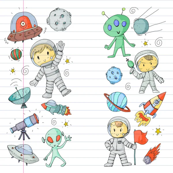 A superfície lunar. Crianças do jardim de infância jogam exploração espacial. Alien, ufo, nave espacial. foguetes. Crianças, meninos e meninas com lua, marés, saturno, Júpiter — Vetor de Stock