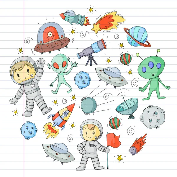 Hold felülete. Óvodás gyermekek játszanak űrkutatás. Idegen, ufo, űrhajó. rakéták. A gyermekek, a fiúk és a lányok a Hold, a mars, a Szaturnusz, a jupiter — Stock Vector