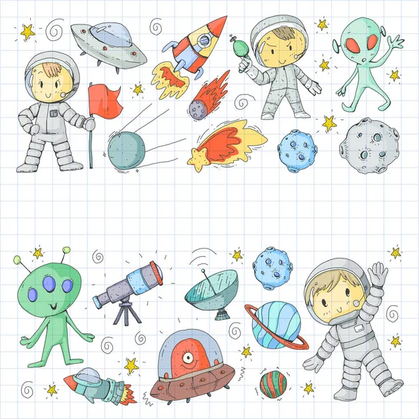 Moon surface. Kindergarten children play space exploration. Alien, ufo, spaceship. rockets. Children, boys and girls with moon, mars, saturn, jupiter — Stock Vector