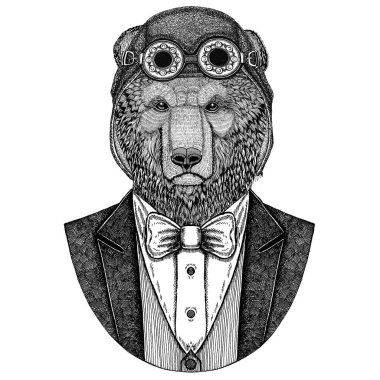 El dövme, t-shirt, amblem, logo, rozet, yama için çizilen illüstrasyon kahverengi ayı Rus ayısına hayvan giyen havacı kask ve papyon uçan kulüp ile ceket