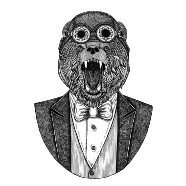 El dövme, t-shirt, amblem, logo, rozet, yama için çizilen illüstrasyon kahverengi ayı Rus ayısına hayvan giyen havacı kask ve papyon uçan kulüp ile ceket