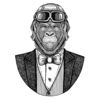 Gorilla, monkey, ape Animal wearing aviator helmet and jacket with bow tie Flying club Hand drawn illustration for tattoo, t-shirt, emblem, logo, badge, patch clipart