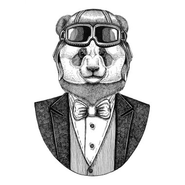 Ayı Panda, bambu pilot kaskı takıyor hayvan ayı ve papyon uçan kulüp ceketle el dövme, t-shirt, amblem, logo, rozet, yama için çizilen illüstrasyon