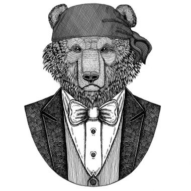 Yabani boz ayı vahşi motorcu, korsan hayvan giyen bandana el çizilmiş resim dövme, amblem, rozet, logo, yama, t-shirt için ayı