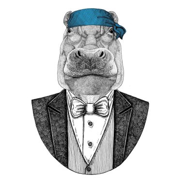 Su aygırı, su aygırı, behemoth, nehir-at vahşi motorcu, bandana el çizilmiş resim için dövme, amblem, rozet, logo, yama, t-shirt giyen korsan hayvan