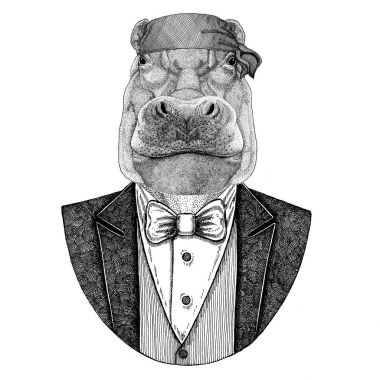 Su aygırı, su aygırı, behemoth, nehir-at vahşi motorcu, bandana el çizilmiş resim için dövme, amblem, rozet, logo, yama, t-shirt giyen korsan hayvan