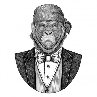 Goril, maymun, maymun vahşi motorcu, korsan hayvan giyen bandana el çizilmiş resim için dövme, amblem, rozet, logo, yama, t-shirt