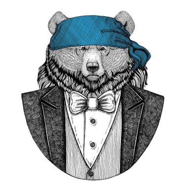Ayı, Kuzey Amerika boz ayısı vahşi motorcu, korsan hayvan giyen bandana el çizilmiş resim için dövme, amblem, rozet, logo, yama, t-shirt