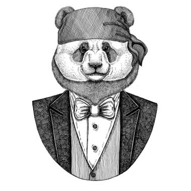 Ayı Panda, bambu vahşi motorcu ayı, korsan hayvan giyen bandana el dövme, amblem, rozet, logo, yama, t-shirt için çizilmiş resim