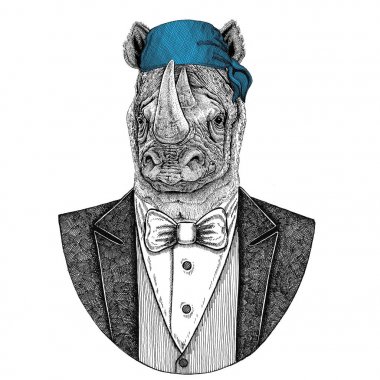 Gergedan, gergedan vahşi motorcu, korsan hayvan giyen bandana el çizilmiş resim için dövme, amblem, rozet, logo, yama, t-shirt