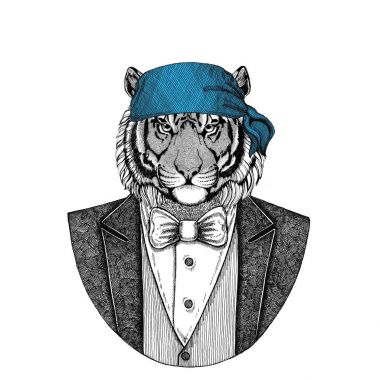 Vahşi Kaplan vahşi motorcu, korsan hayvan giyen bandana el çizilmiş resim için dövme, amblem, rozet, logo, yama, t-shirt