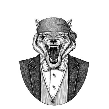 Kurt, köpek vahşi motorcu, bandana el çizilmiş resim için dövme, amblem, rozet, logo, yama, t-shirt giyen korsan hayvan