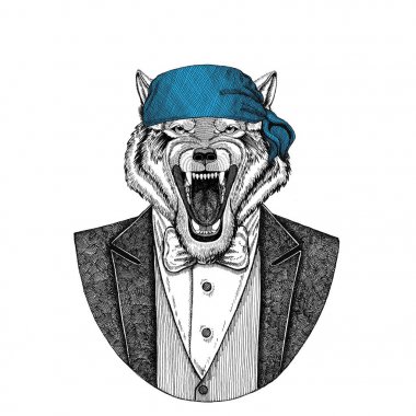 Kurt, köpek vahşi motorcu, bandana el çizilmiş resim için dövme, amblem, rozet, logo, yama, t-shirt giyen korsan hayvan