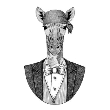 Camelopard, zürafa vahşi motorcu, korsan hayvan giyen bandana el çizilmiş resim için dövme, amblem, rozet, logo, yama, t-shirt