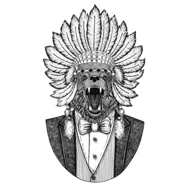 Boz ayı Rusça ayı vahşi hayvan giyen inidan şapka, eşarplı baş elbise el dövme, t-shirt, amblem, rozet, logo, yama için çizilmiş resim