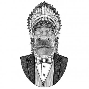 Yama su aygırı, su aygırı, behemoth, nehir-at vahşi hayvan inidan şapka, dövme, t-shirt, amblem, rozet, logo, tüyler el çekilmiş görüntüsü ile baş elbise