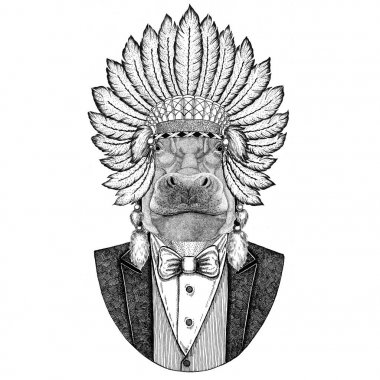 Yama su aygırı, su aygırı, behemoth, nehir-at vahşi hayvan inidan şapka, dövme, t-shirt, amblem, rozet, logo, tüyler el çekilmiş görüntüsü ile baş elbise