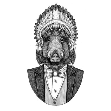 Yama aper, yaban domuzu, domuz, yaban domuzu vahşi hayvan giyen inidan şapka, dövme, t-shirt, amblem, rozet, logo, tüyler el çekilmiş görüntüsü ile baş elbise