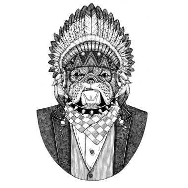 Yama bulldog, köpek vahşi hayvan inidan şapka, dövme, t-shirt, amblem, rozet, logo, tüyler el çekilmiş görüntüsü ile baş elbise