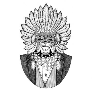 Yama bulldog, köpek vahşi hayvan inidan şapka, dövme, t-shirt, amblem, rozet, logo, tüyler el çekilmiş görüntüsü ile baş elbise